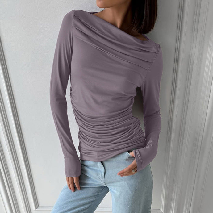 Top in Dusty Mauve with Draped Neck and Ruched Waist - dusty mauve front ruched view