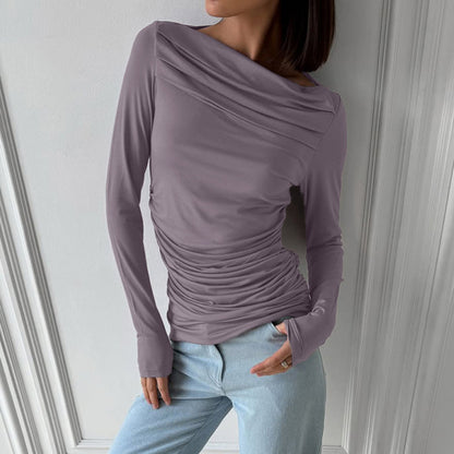 Top in Dusty Mauve with Draped Neck and Ruched Waist - dusty mauve front ruched view