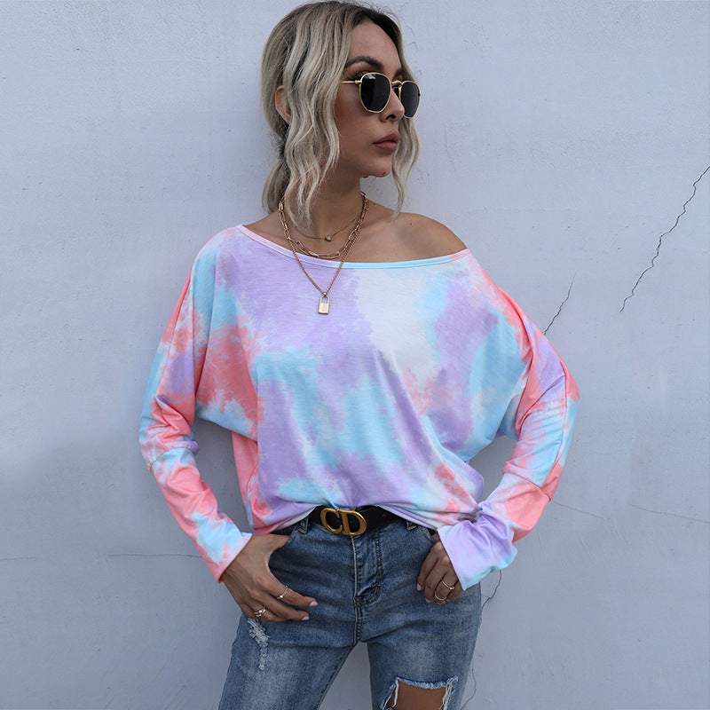Long Sleeve Top in Pastel Tie-Dye with Bardot Neck - orange front view