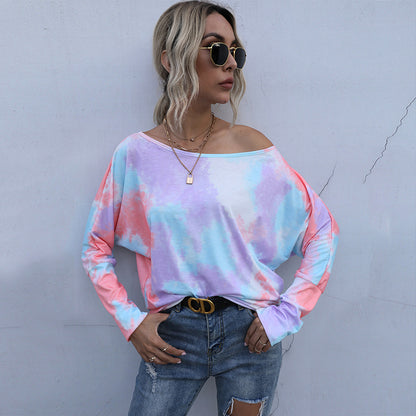 Long Sleeve Top in Pastel Tie-Dye with Bardot Neck - orange front view