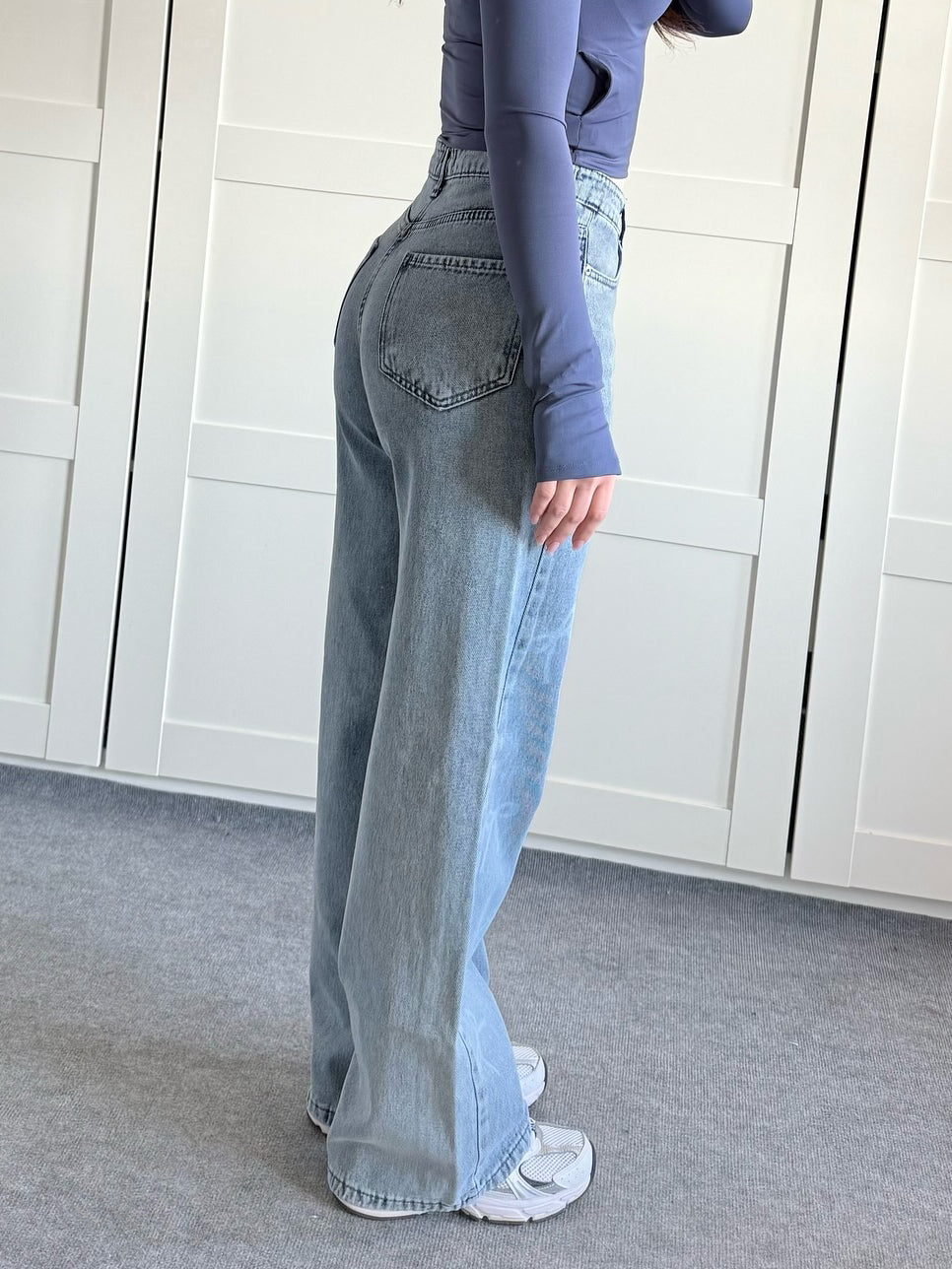 Blue Washed Wide-Leg Bow-Waist Jeans - side full-length view