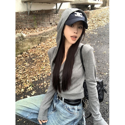 Crop Top in Grey with Wrap Front and Hood - grey seated side view