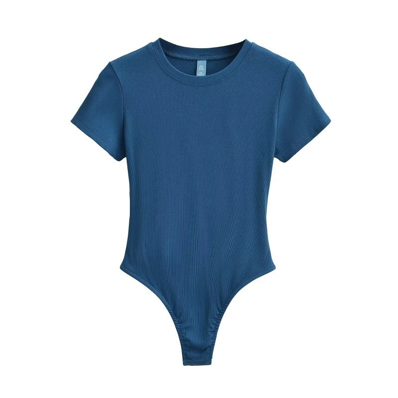 Bodysuit in Stretch Cotton with Short Sleeves - sea blue front view