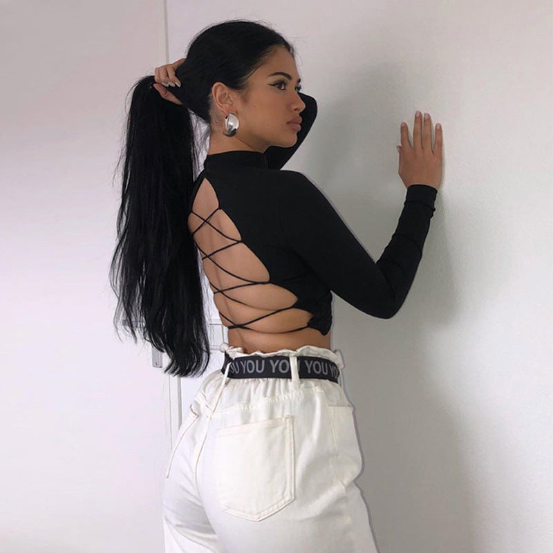 Long-Sleeve Crop Top in Black with Lace-Up Back - side-back view