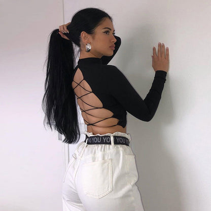 Long-Sleeve Crop Top in Black with Lace-Up Back - side-back view