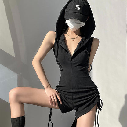 Playsuit with Hooded Cowl Neck and Ruched Sides - black front view