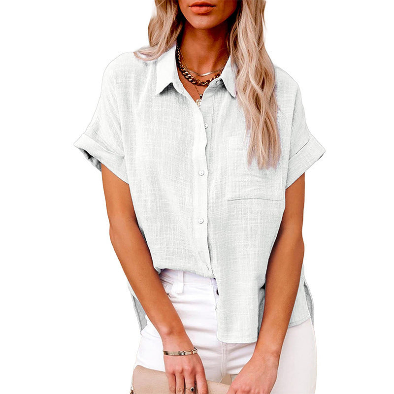 Short-Sleeve Textured Shirt with Pocket - White front view