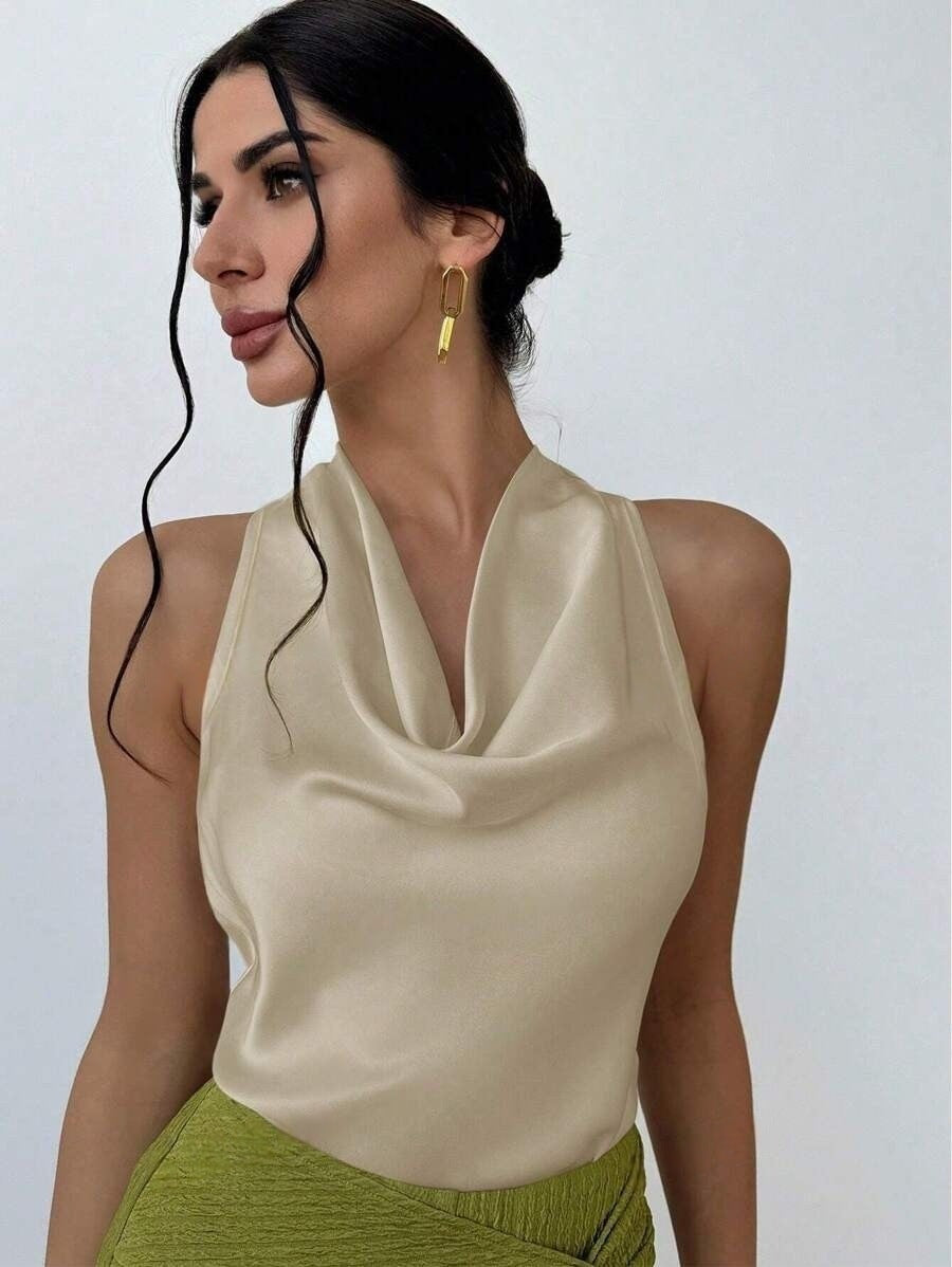 Halter Top in Satin with Cowl Neck - apricot front close-up