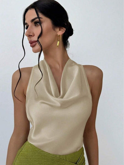 Halter Top in Satin with Cowl Neck - apricot front close-up