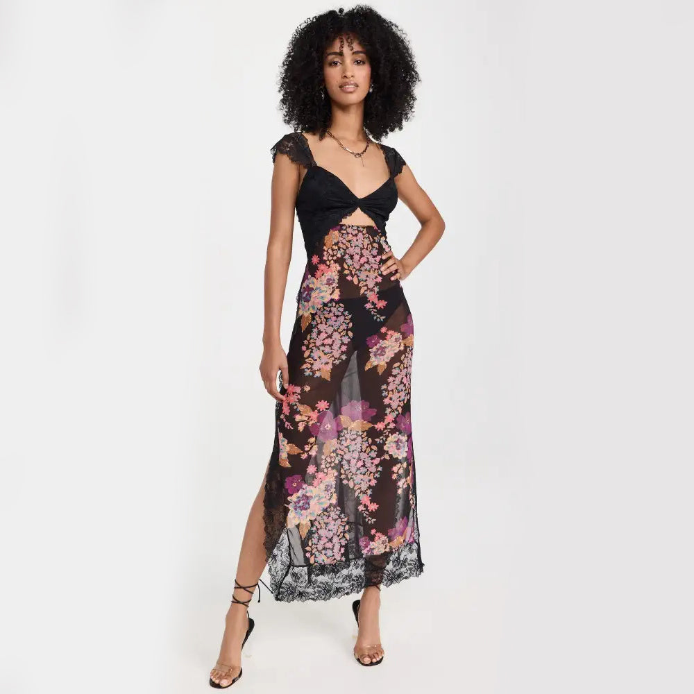 Maxi Dress with Lace Bodice and Floral Print - black front view