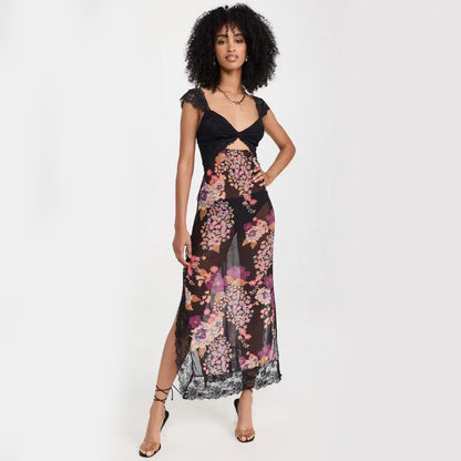 Maxi Dress with Lace Bodice and Floral Print - black front view