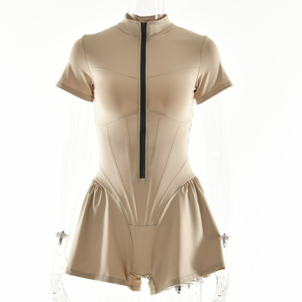 Playsuit with Zip Front and Flared Shorts - khaki front view