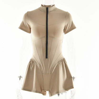 Playsuit with Zip Front and Flared Shorts - khaki front view