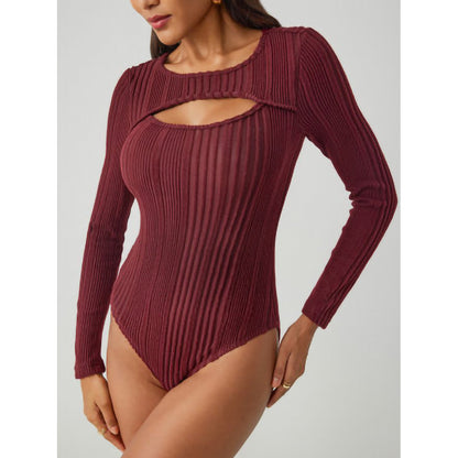 Bodysuit in Ribbed Knit with Keyhole Cut-Out - wine red angled front view