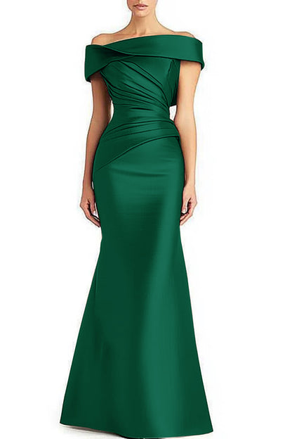 Maxi Dress in Satin-Feel Pleats with Bardot Neckline - green front view with floor-length skirt