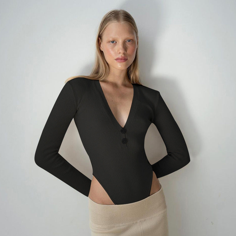 Bodysuit in Ribbed Cotton with Deep V Neck - black front view