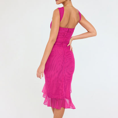 Midi Dress in Sleeveless Ruched Bodycon with Sheer Hem - rose pink back view