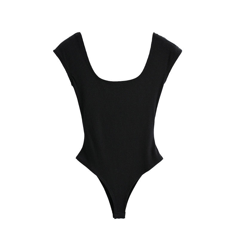 Bodysuit with Ribbed Square Neck and Open Back - black flat lay front