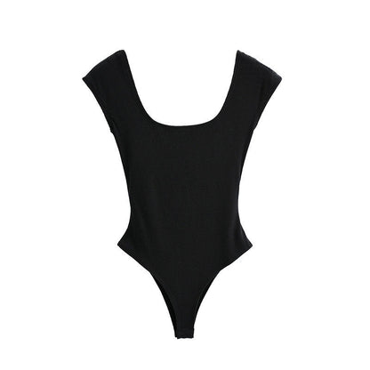 Bodysuit with Ribbed Square Neck and Open Back - black flat lay front