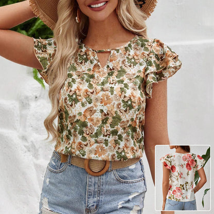 Blouse in Floral Print with Frill Sleeves - beige floral front view