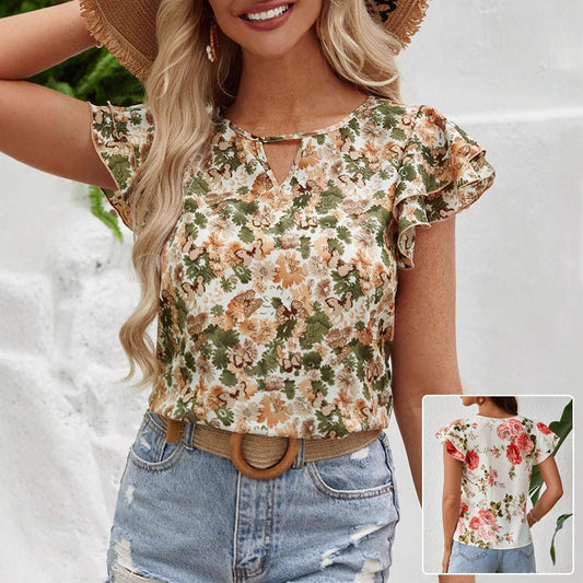 Blouse in Floral Print with Frill Sleeves - beige floral front view