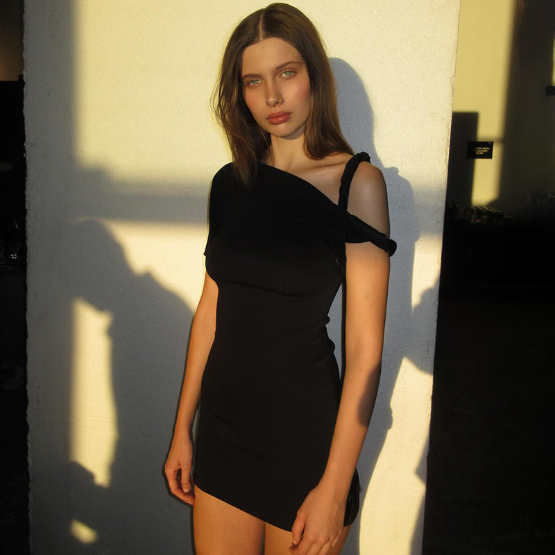 Mini Dress with One-Shoulder Twist Detail - Black angled front view