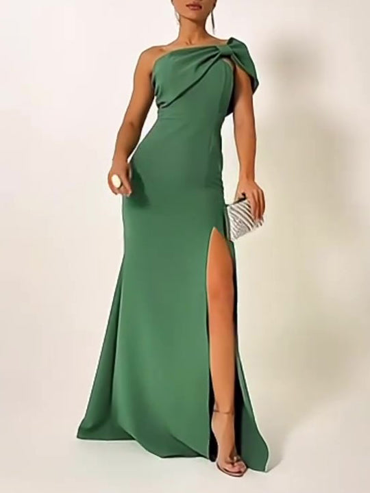 Maxi Dress with One-Shoulder Bow in Sage Green - front view showing draped neckline and thigh split