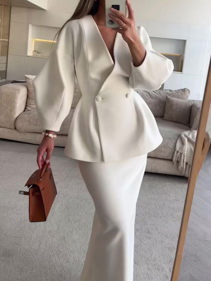 Maxi Skirt Suit in Ivory with Sculpted Blazer - ivory side front full-length view