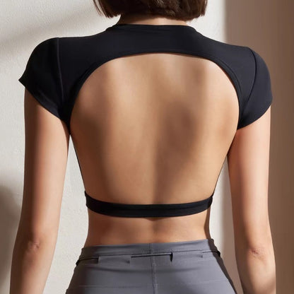 Sports Crop Top with Built-In Cups and Open Back - black open-back rear view