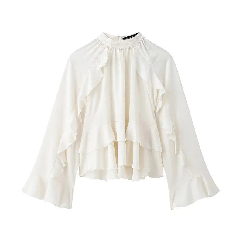 Tiered Ruffle Satin Blouse — milky white, product flat lay