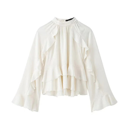Tiered Ruffle Satin Blouse — milky white, product flat lay