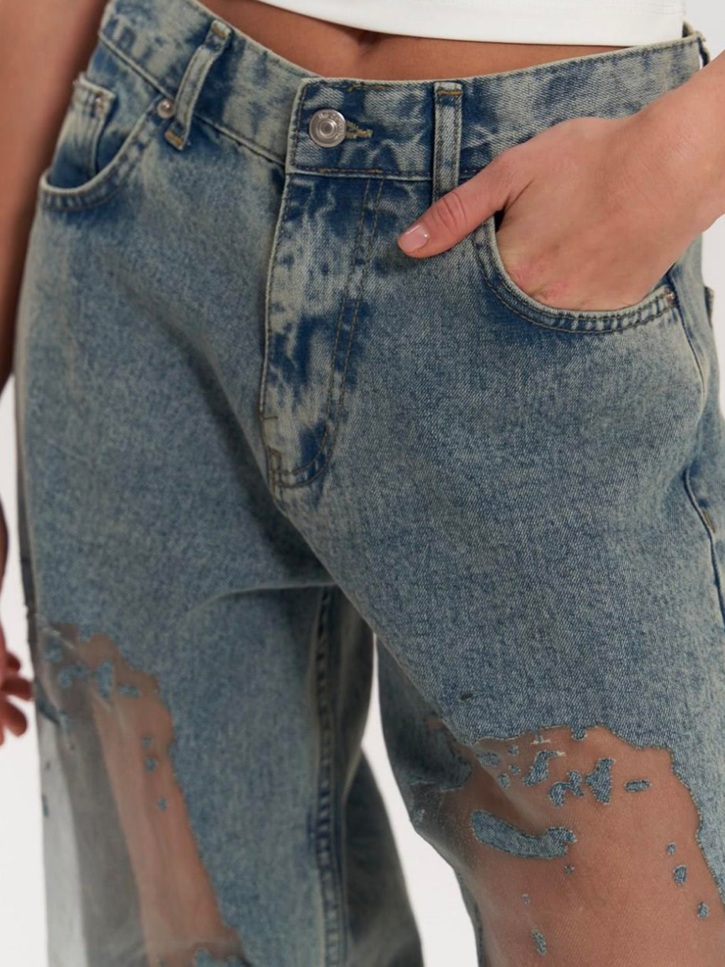 Wide-Leg Distressed Mesh Jeans in Blue - blue waist and pocket detail