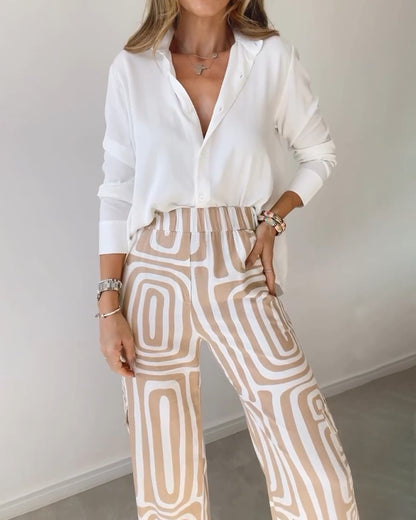Wide-Leg Trousers & Relaxed Shirt Co-Ord Set in Geometric Print - khaki waist and print detail