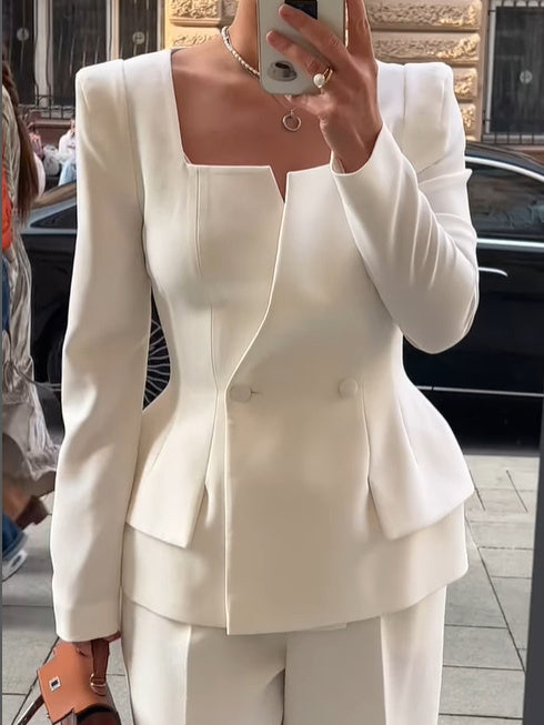 Square-Neck Tailored Blazer in White - white front view with sculpted waist