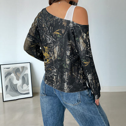 Top in Army Green Woodland Print with Faux-Layered Neckline - army green back view