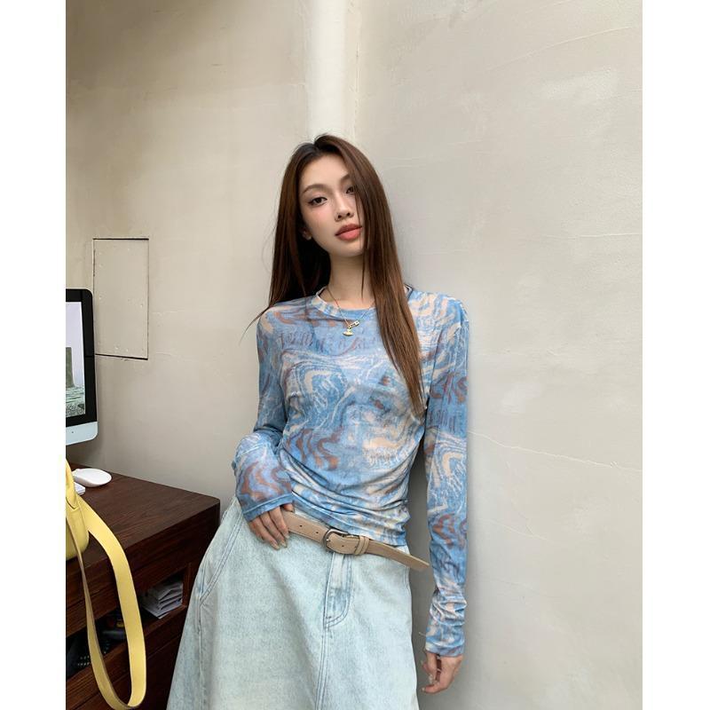 Top in Blue Swirl Print Mesh with Long Sleeves - blue front view