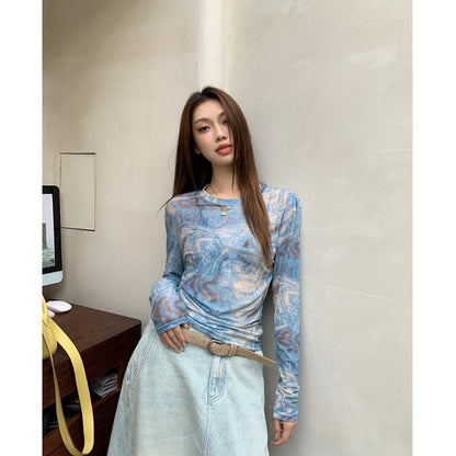 Top in Blue Swirl Print Mesh with Long Sleeves - blue front view