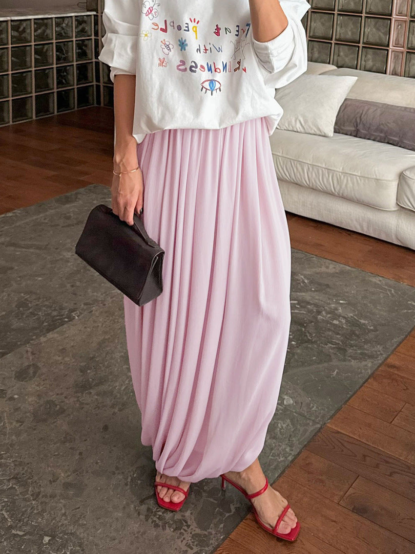 Pleated Wide-Leg Draped Maxi Skirt - dusty pink, full-length front view