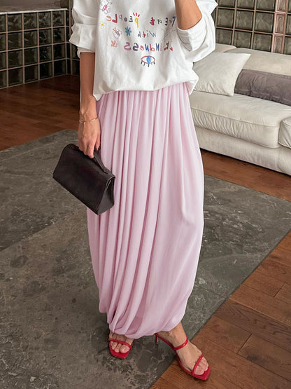 Pleated Wide-Leg Draped Maxi Skirt - dusty pink, full-length front view