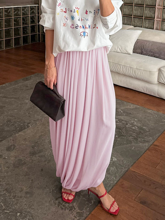 Pleated Wide-Leg Draped Maxi Skirt - dusty pink, full-length front view