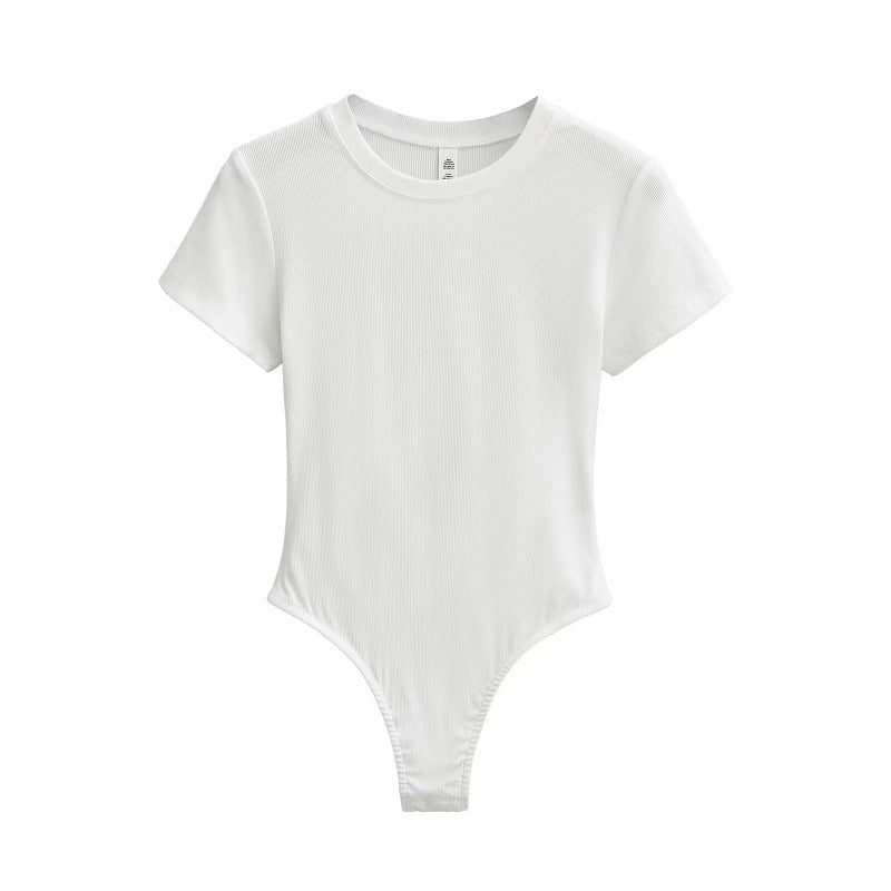 Bodysuit in Stretch Cotton with Short Sleeves - white front view