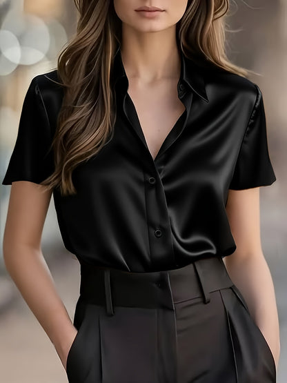 Blouse in Draped Satin with Short Sleeves - black front tucked styling