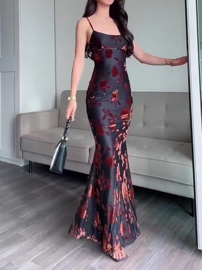 Flocked Floral Strappy Fishtail Maxi Dress in Black - black angled front view