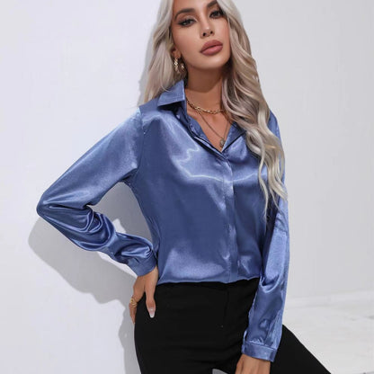 Blouse in Satin with Open Collar and Long Sleeves - sapphire blue front view