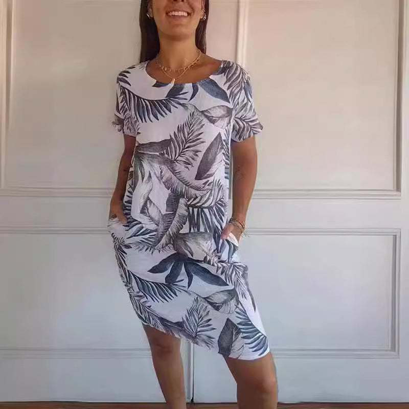 Midi Dress in Tropical Leaf Print with Pockets - white and charcoal print front view