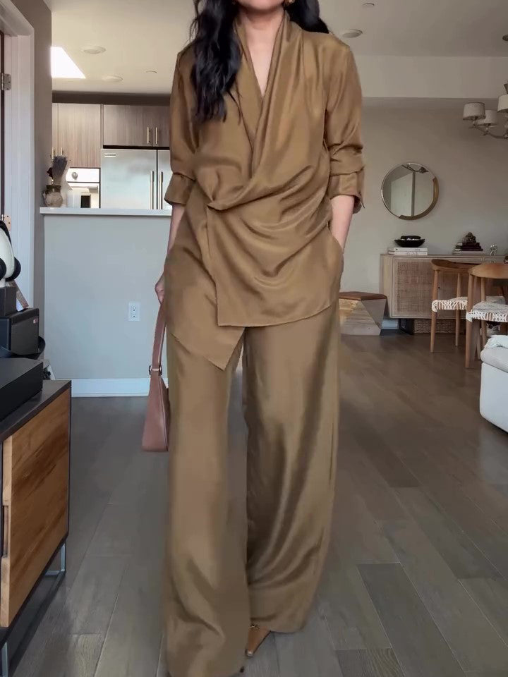 Satin Wrap Blouse & Wide-Leg Trousers Co-Ord in Camel - camel front view showing asymmetric layered hem