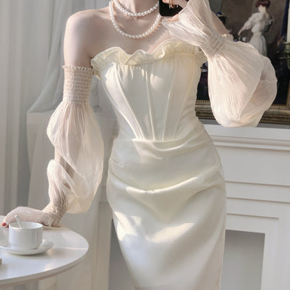 Maxi Dress in Ivory Satin with Sheer Sleeves - ivory front view