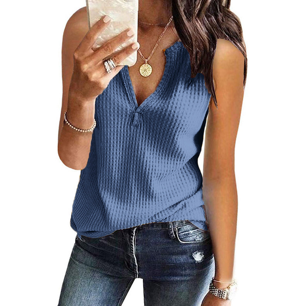 Vest Top in Ribbed Knit with Crossover V-Neck - blue front view