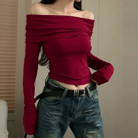 Top in Wine Red with Draped Bardot Neck - wine red front view