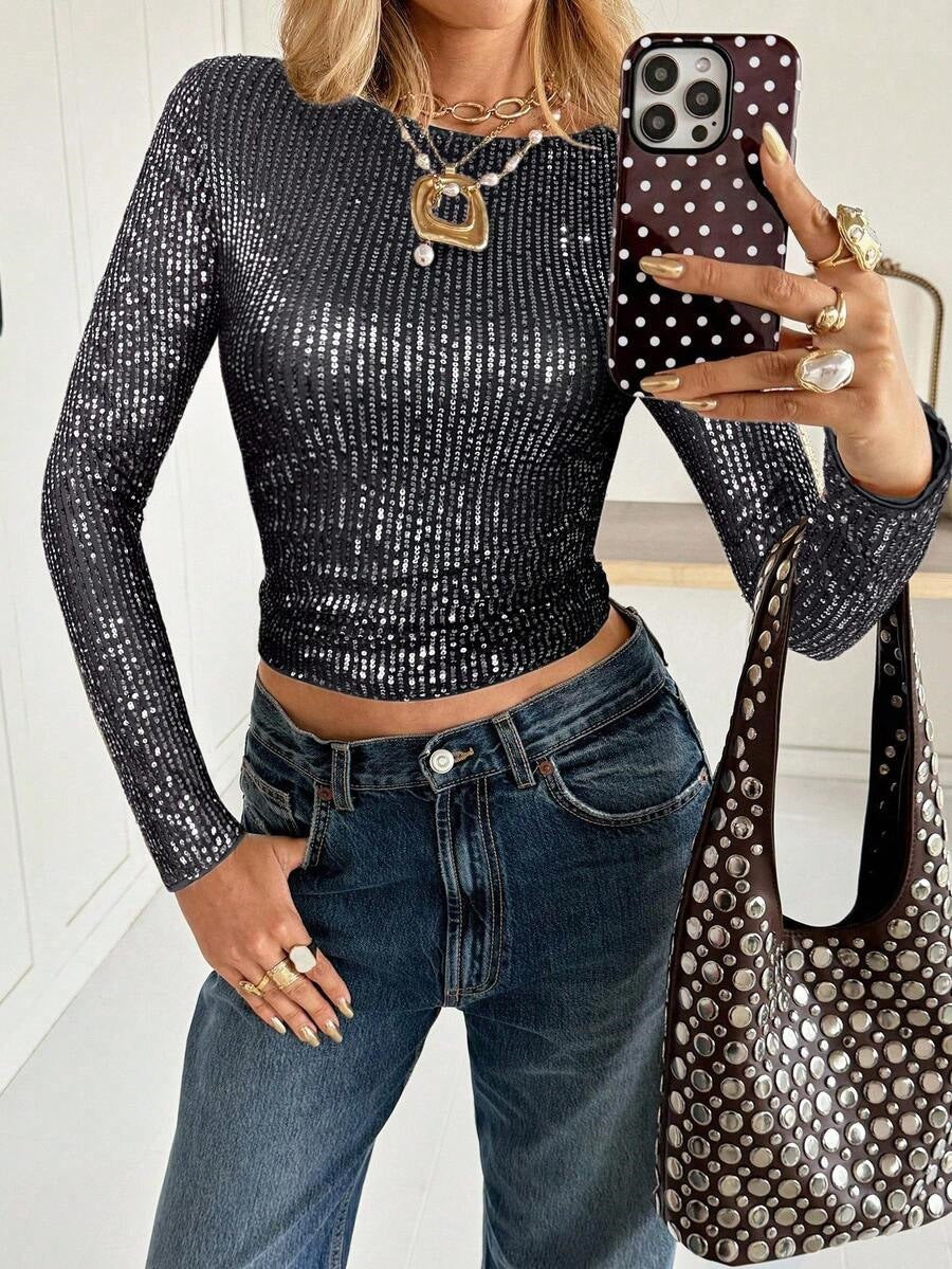 Sequin Long-Sleeve Top in Champagne, Silver, Black & Pink - Black front close-up